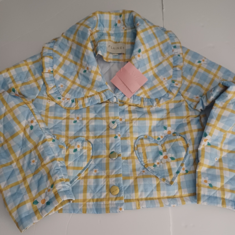 Plaid Ruffle-Collar Puffer Jacket in Blue & Yellow - Picture 2 of 12
